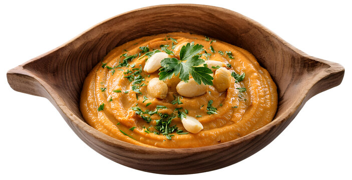 Tharid in a wooden bowl isolated on a transparent background, top view, PNG."