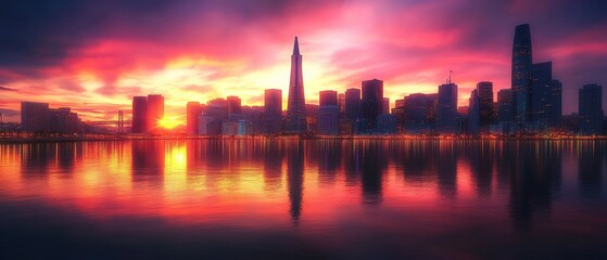 Fototapeta premium stunning city skyline at sunset with vibrant colors and reflections
