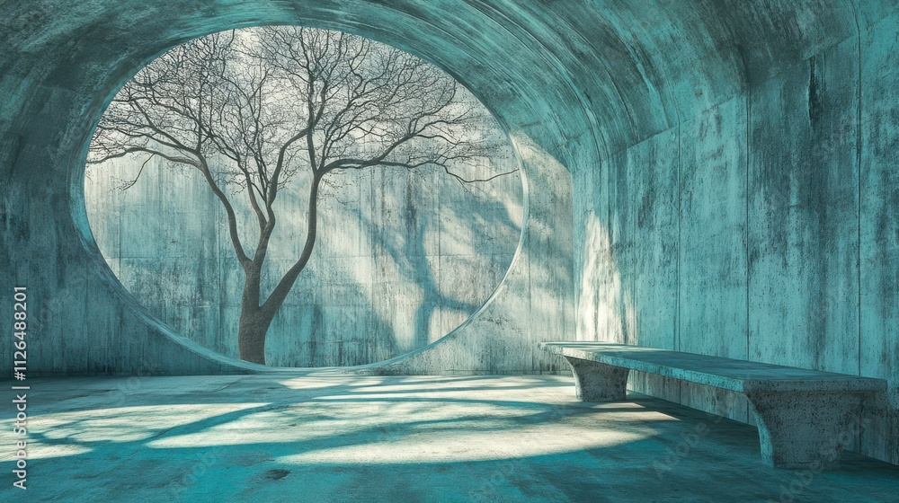 Poster abstract turquoisecolored empty concrete interior with grunge textures round and curved structures l