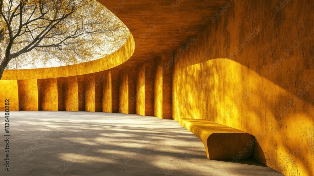 Aufkleber abstract yellowcolored empty concrete interior with grunge textures round and curved structures ligh