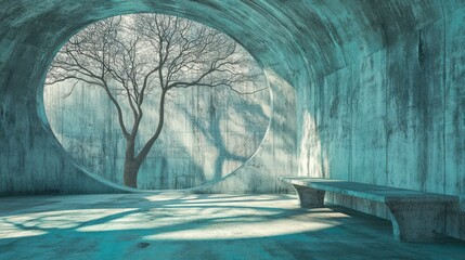 Abstract turquoisecolored empty concrete interior with grunge textures round and curved structures light effects and tree shadows Includes a bench offering a serene and artistic 3D
