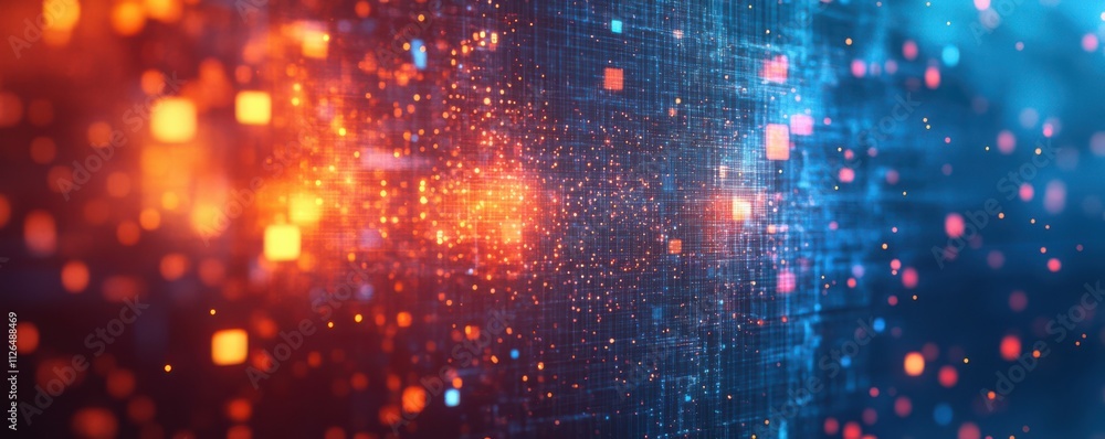 Poster abstract digital network background banner with glowing light and connecting data dots in blue orang