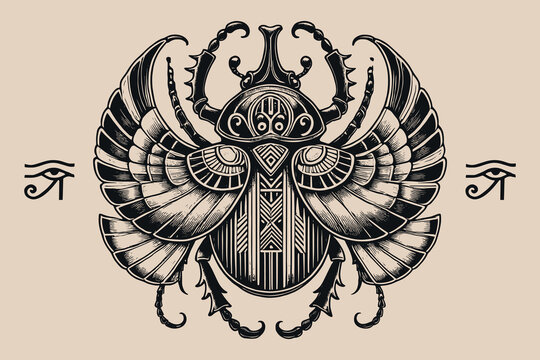 Vintage black and white Egyptian scarab beetle illustration in tattoo style