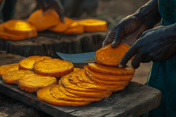 A person's hands slice vibrant orange sweet potatoes into thin rounds on a rustic wooden board, showcasing the rich color and texture of the freshly harvested crop.