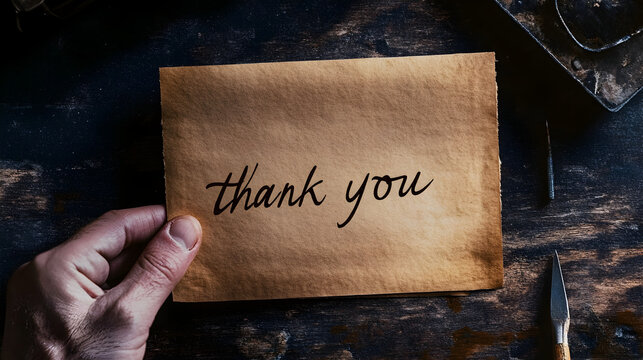 Hand holding aged paper with handwritten "Thank You" note.