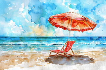 Summer beach with bright red umbrella, inviting loungers, and gentle waves under a blue sky. Watercolor painting