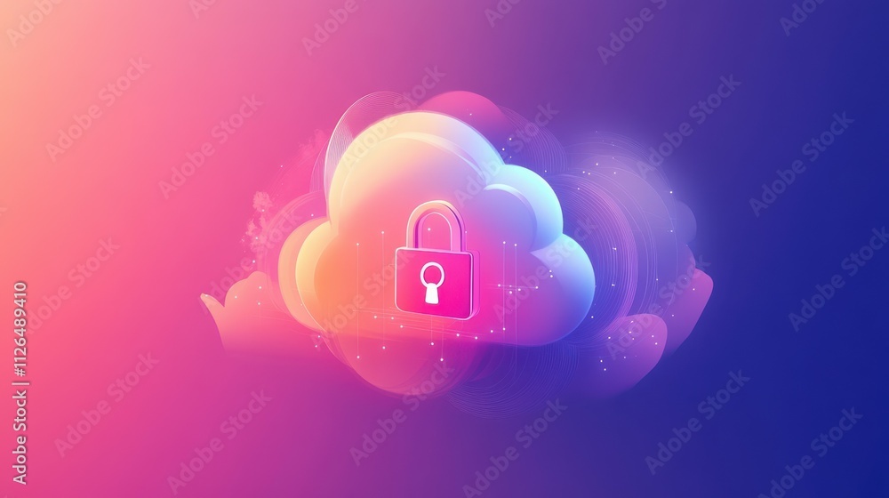 Poster abstract illustration of cloud security services, stylized cloud icon integrated with a secure padlo