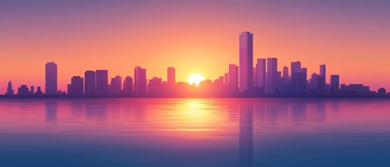 Fototapeta premium beautiful sunset over a city skyline reflecting on water