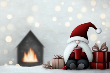 Fototapeta premium holiday gnome illustration, a watercolor painting of a cozy gnome enjoying hot cocoa by the fireplace, with wrapped gifts and christmas lights