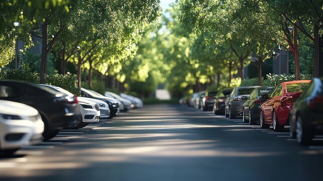 Sunlit tree-lined parking lot.
