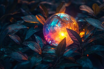 Fototapeta premium A glowing crystal ball emitting rainbow hues, resting on dark green leaves with golden and orange tones surrounding it 