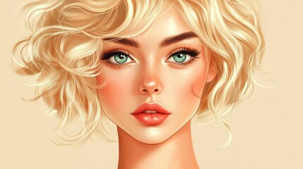 Fototapeta premium Beautiful model girl with short hair .Beauty woman with blonde curly hair. Hair dye .Fashion, cosmetics and makeup