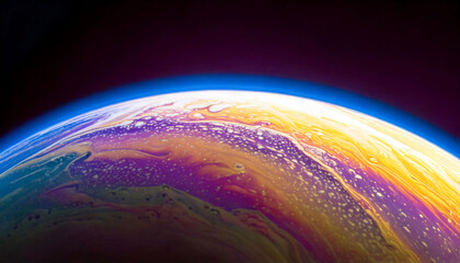 Closeup of Vibrant abstract sphere bubbles and swirls with a colorful gradient color of deep blues, purples, yellows, and pinks