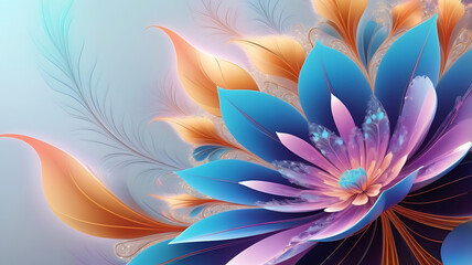 Naklejka premium Close up of abstract beautiful flowers with fractal petal patterns and holographic colors design. Soft focus.