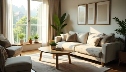 Fototapeta premium A serene and inviting aesthetic living room is showcased. The camera slowly pans across the room, capturing the soft, natural light filtering through large windows adorned with sheer curtains. The fur