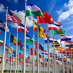 A large flag display in a public space, showcasing vibrant flags