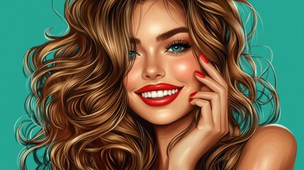 Fototapeta premium Beautiful smiling woman with long wavy hair . Girl curly hairstyle and red manicure nails . Beauty ,makeup and cosmetics .