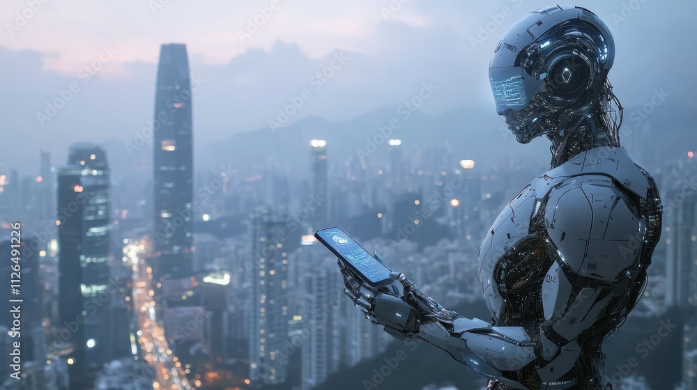 Aufkleber artificial intelligence overlooking a smart city the city is connected to the global mobile internet