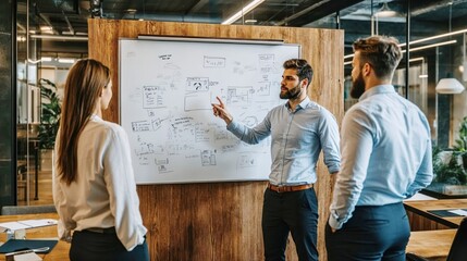Young business professionals discussing project strategy at whiteboard in modern office. UX design sketches and flowcharts demonstrate collaborative planning session in startup environment
