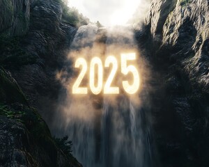 A cascading waterfall with mist forming 2025glowing in the sunlight