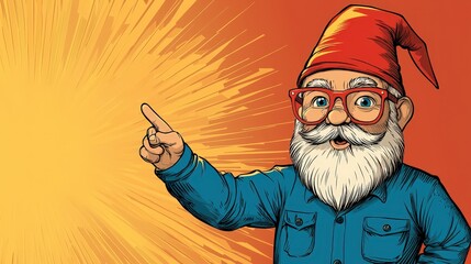 Garden gnome in a shirt pointing with enthusiasm against a vibrant background