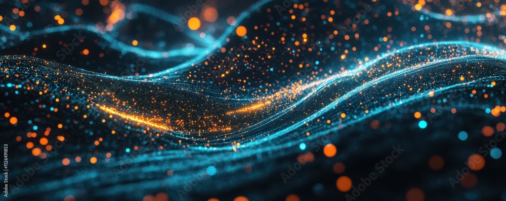 Poster digital background with glowing blue and orange dots on a dark wave, in a technology futuristic conc
