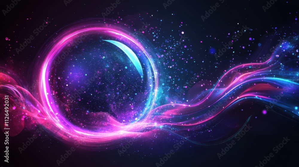 Poster abstract neon energy sphere of particles and waves of magical glowing on a dark background, circle a