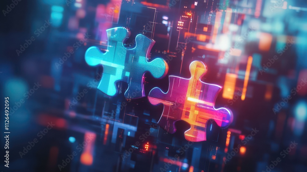 Poster digital representation of api integration concept with two interlocking puzzle pieces against a futu
