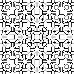 Seamless abstract geometric pattern, consisting of interconnected lines with a regular and symmetrical structure in black and white. Suitable for various creative projects or decorative elements.
