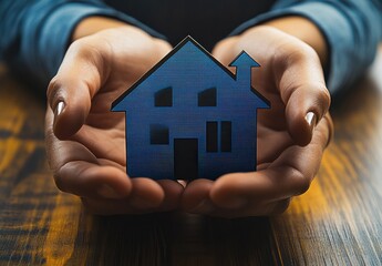 Businessman holding paper houses with arrow and market growth graph