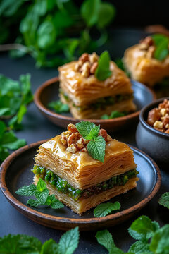 A plate of baklava with nuts and mint leaves on a black surface