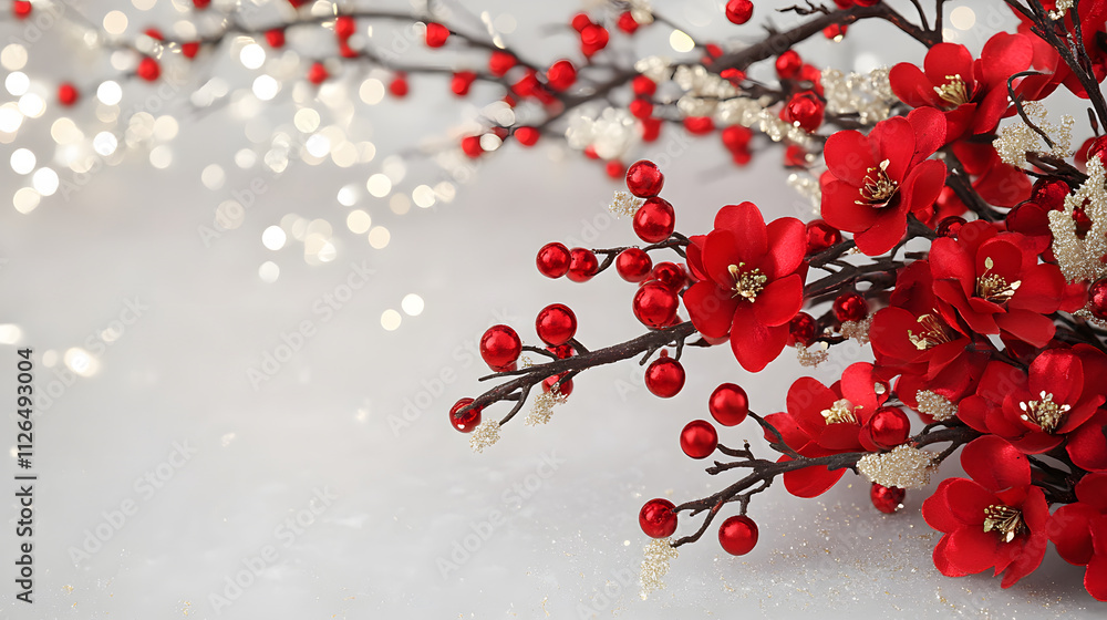 Poster a vibrant arrangement of red flowers and berries on a soft background, adding a touch of elegance an