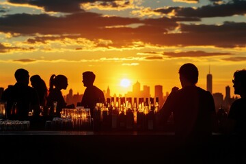 Fototapeta premium silhouettes of people enjoying a sunset at a rooftop bar