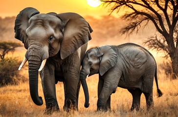 Fototapeta premium Precious moment, captured in time, of a baby elephant and its father, sharing a tender bond.