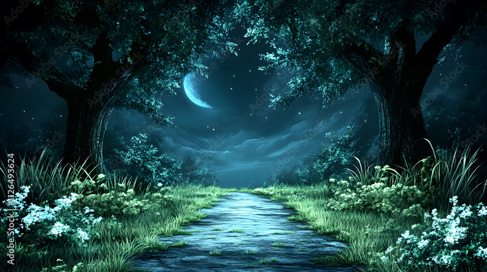 Poster A serene nighttime landscape featuring a moonlit path surrounded by lush trees and flowers, creating a tranquil and mystical atmosphere