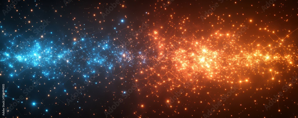 Poster abstract digital network background banner with glowing light and connecting data dots in blue orang