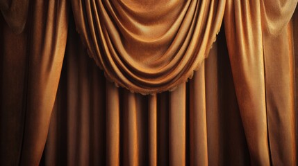 Luxurious close-up of vintage art deco drapes in deep brown and gold tones, elegantly arranged with intricate folds, creating a rich and timeless design backdrop.