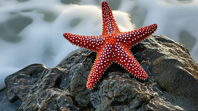 Red starfish on rocky shore, coastal marine life concept