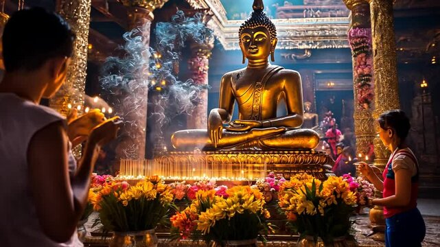 Offering Flowers at a Buddha Statue