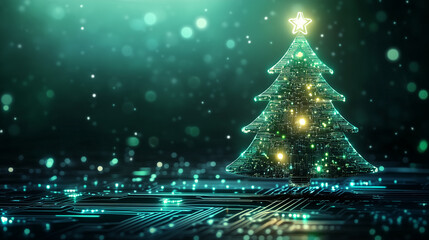 A beautifully glowing green Christmas tree embedded with digital elements, evoking a sense of wonder and celebrating a harmonious fusion of holiday and tech.