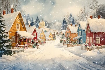 Fototapeta premium Christmas village in watercolor with colorful houses. Generative Ai