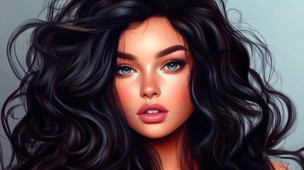 Fototapeta premium Beauty brunette girl with long and shiny wavy black hair . Beautiful woman model with curly hairstyle .