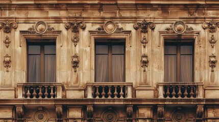 Elegant European Building Facade with Ornate Stonework and Classic Balconies. A Vintage Architectural Masterpiece in the City.