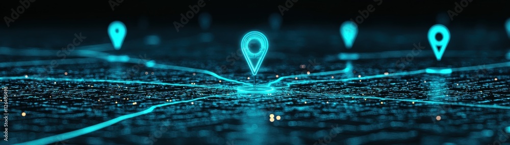 Poster a digital representation of location markers glowing in blue, highlighting connectivity and navigati