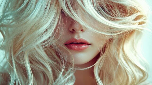 Beautiful girl with hair coloring in ultra blond. Stylish hairstyle curls done in a beauty salon. Fashion, cosmetics and makeup