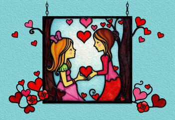 Valentine's Day card design. Illustration with oil paint. Pattern for printing on wall decorations, covers, wallpapers