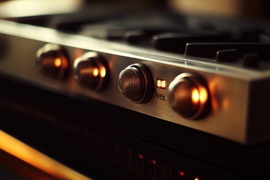 close-up of modern kitchen stove knobs with warm lighting