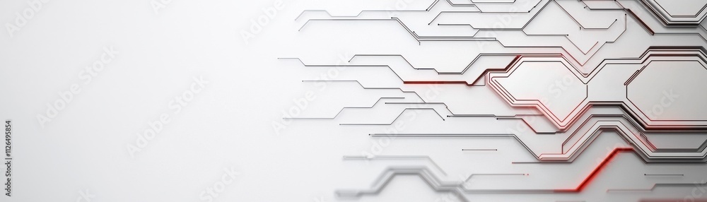 Poster a sleek, modern abstract design featuring interconnected lines and shapes in gray and red on a light
