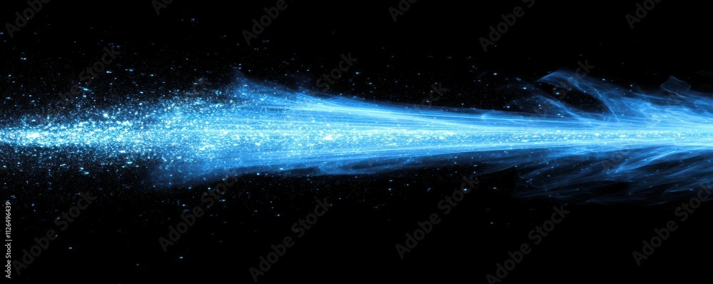 Poster blue light streaks on a black background with glowing horizontal lines in a high speed motion blur e