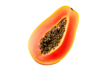 Half-cut ripe papaya showcasing orange flesh and black seeds, isolated on clean transparent white background